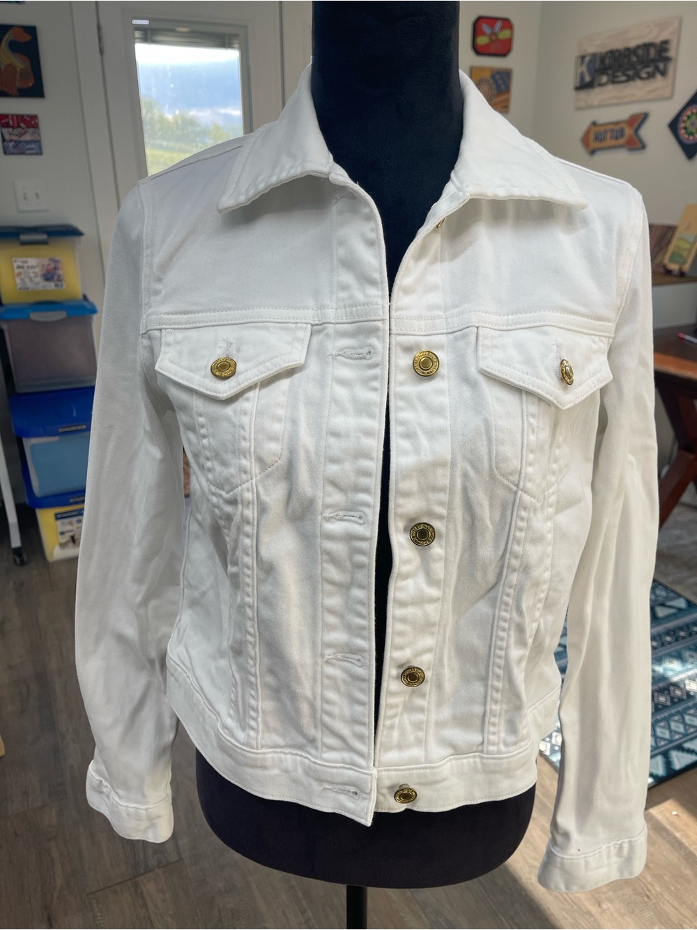 Michael Kors White Denim Jacket with Gold Buttons